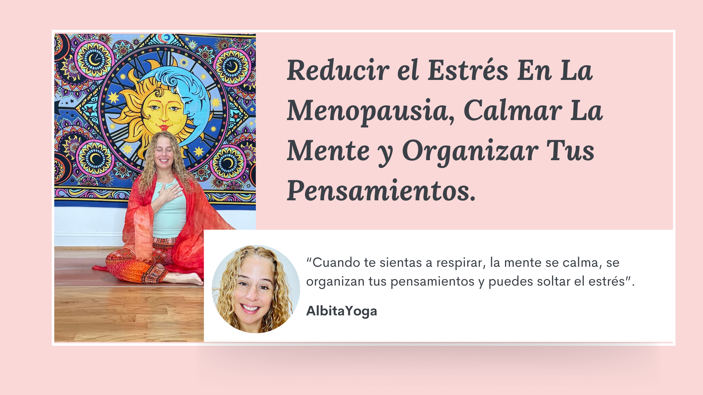 mujer sentada calmada, respirando, organizando sus pensamientos y soltando el estrés.